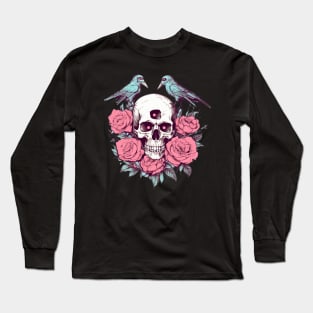 Birds with Roses and Skull Long Sleeve T-Shirt